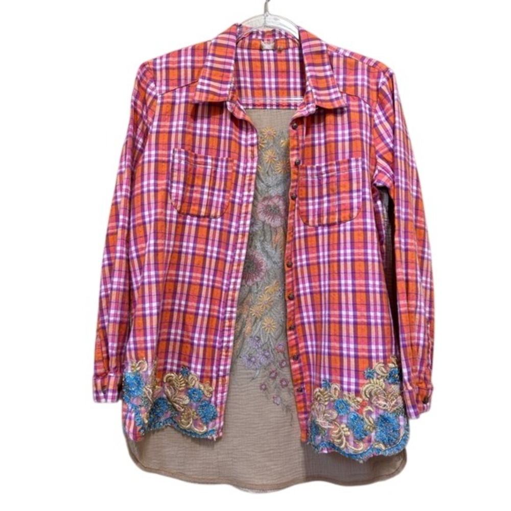 Aratta Small Plaid Embroidered Floral Gauze Back Shirt Orange blue Boho Western